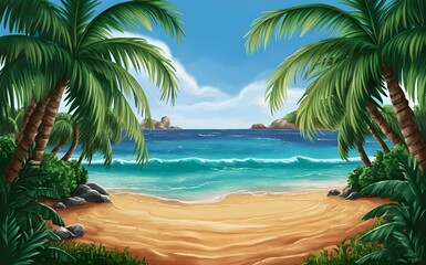 Bright and lively beach scene featuring lush tropical vegetation and sparkling water, perfect for vacation marketing.
