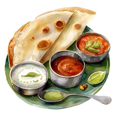 Dosa : Thin Indian rice crepe served with various sauces, full body, isolate on white background, watercolor illustration.