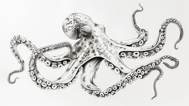 recommend clip art: A realistic black-and-white drawing of an octopus, showcasing intricate details of its tentacles and texture.