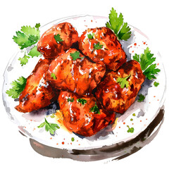Chicken Tikka Masala : Grilled chicken cooked in an Indian masala sauce, Studio lighting, full body, isolate on white background, watercolor illustration.
