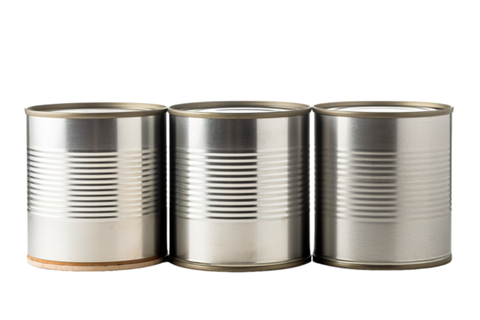 Three Vintage Metal Cans Stacked Neatly Against A Soft, Neutral Background on Transparent PNG Background.