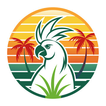 recommend clip art: circle cockatoo logo with palm trees behind under a strong line shape solid art vector