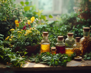 Oil and herbs background.