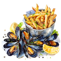 Moules Frites : Mussels served with French fries, Studio lighting, full body, isolate on white background, watercolor illustration.