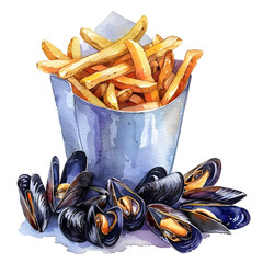 Moules Frites : Mussels served with French fries, Studio lighting, full body, isolate on white background, watercolor illustration.