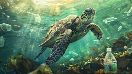 Obraz premium Sea Turtle Swimming Through Plastic Pollution