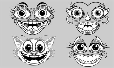 Fototapeta premium Set of emotional faces from cartoons. Animated eyes and mouth character elements, emotions collection. vector illustration.