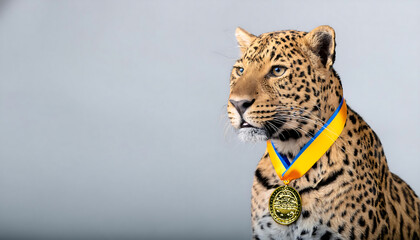 Naklejka premium Leopard Wearing a Gold Medal