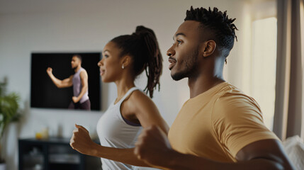 a man and woman in their living room engaging in a cardio workout, with the TV displaying a fitness coach in the background