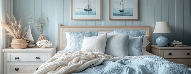A coastalstyle bedroom with nautical decor