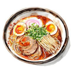 Tsukemen :Ramen with noodles served separately from the rich dipping broth, with a concentrated and aromatic flavor, full body, isolate on white background, watercolor illustration.
