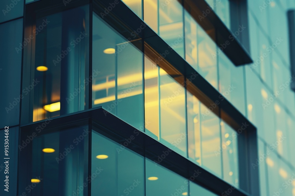 Poster A tall building with many windows and lights at night, suitable for use in cityscape or architecture images
