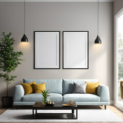 Interior of modern living room with two vertical posters on the wall