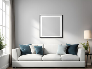 Interior of modern living room with white sofa, mock up poster frame