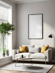 Interior of modern living room with white sofa, coffee table and mock up poster. 