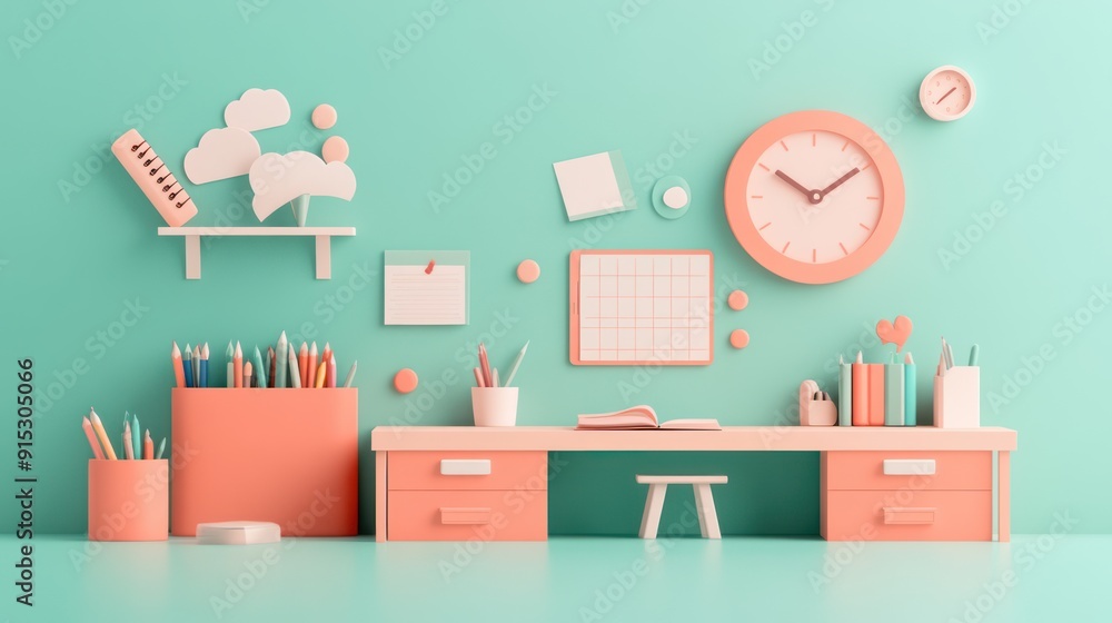 Poster papercut classroom: educational development process with training materials on desks,generative ai