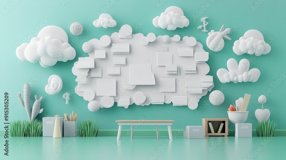 Aufkleber layers of paper training modules in abstract classroom setting symbolizing structured learning, copy