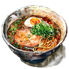 Tsukemen :Ramen with noodles served separately from the rich dipping broth, with a concentrated and aromatic flavor, full body, isolate on white background, watercolor illustration.