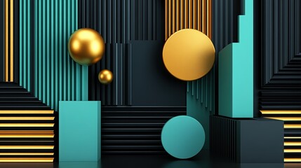Abstract geometric background with gold and teal spheres, circles, and stripes.