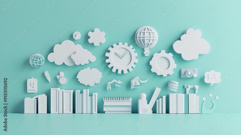 Poster modern classroom integration: layered papercut illustration of digital and physical learning tools, 