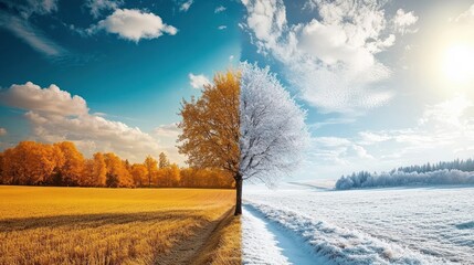 The transition from summer to winter with one side showing golden fields and blooming trees under bright sunshine, highlighting seasonal changes, seasonal contrast