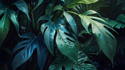 tropical leaves, blue nature background, toned process Generative AI