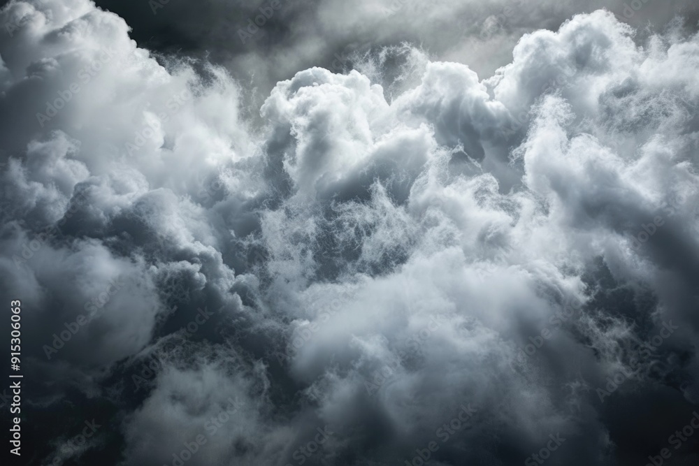 Poster a black and white photo of a cloudy sky with soft white clouds