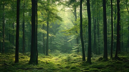 Fototapeta premium A peaceful forest with a canopy of trees, symbolizing the tranquility of natural habitats.