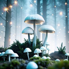 Fototapeta premium Bioluminescent forest scene. Glowing mushrooms, fireflies.
