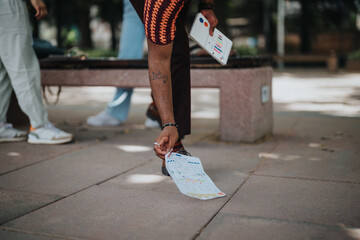 Person picking up a fallen paper outdoors while holding a notebook. Focus on the action and casual...