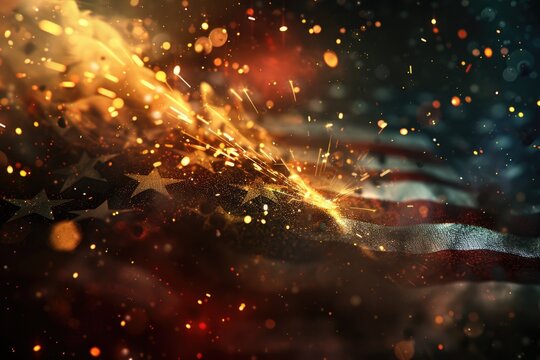 A close-up view of an American flag with sparks emanating from it, conveying energy and patriotism