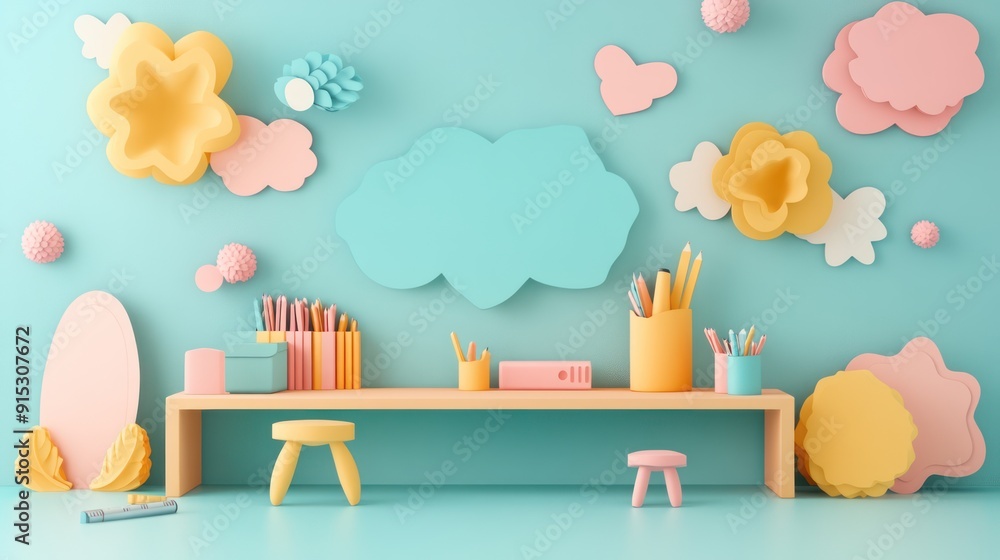 Poster innovative classroom design with papercut shelves filled with training resources for comprehensive e
