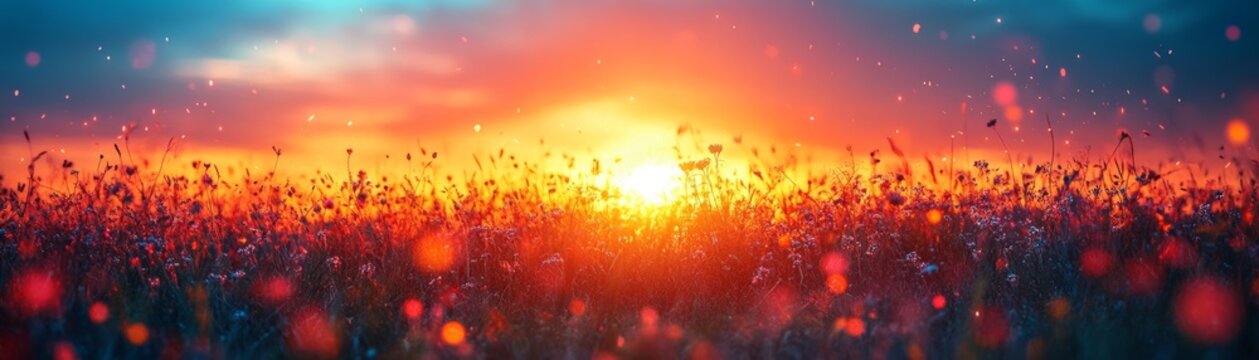 A breathtaking sunset over a vibrant field, showcasing brilliant colors and soft bokeh, perfect for evoking tranquility and beauty.