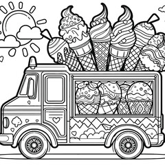 Ice cream truck with colorful designs coloring page outline vector