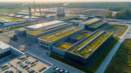 Top view of blue solar photo voltaic panels system on high apartment building roof top on sunny day. Renewable ecological green energy production concept. AI generated illustration