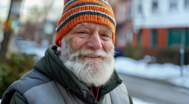  Smiling elderly homeless man with a white beard, wearing a knitted hat, standing outside in a snowy neighborhood.