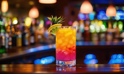 Vibrant Tropical Drink with Defocused Bar Background, 8K High-Quality, Colorful, Perfect Composition