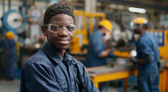 Young Black boy in safety goggles smiling in a workshop. Industrial setting, with machinery and workers in the background.