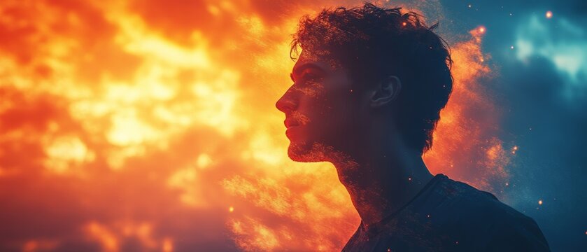 A captivating silhouette of a person against a vibrant sunset, evoking feelings of wonder and introspection in a surreal atmosphere.
