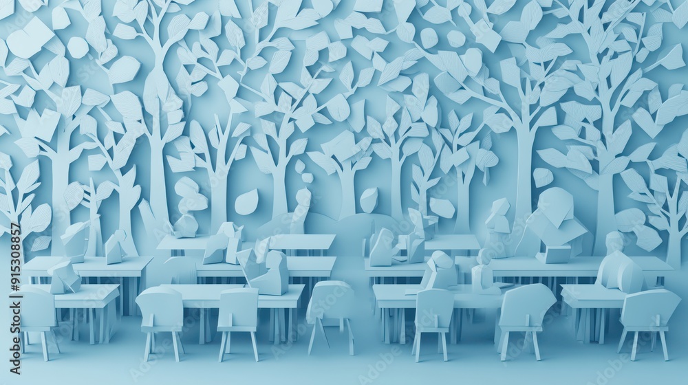Aufkleber papercut classroom: detailed training development at student desks | copy space for text insertion,g
