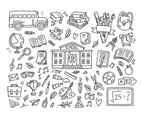 Back to school Illustration of doodle seamless pattern. Hand drawn background with school supplies and creative elements