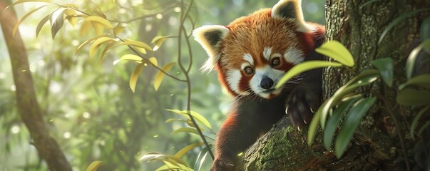 Curious red panda climbing a tree, 4K hyperrealistic photo