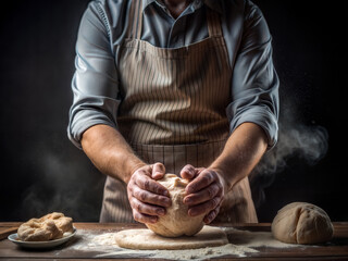 Male hands kneading dough close-up on wooden table, dark background. Man pastry chef in apron kneading dough for baking.