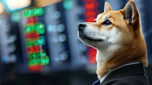 Shiba Inu dog in business suit with stock market data, cryptocurrency and meme stocks concept