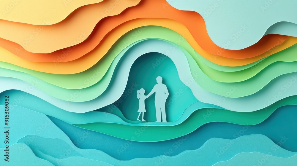 Poster academic mentorship: abstract papercut of teacher guiding student with geometric shapes, symbolizing