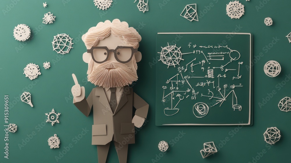 Aufkleber scholarly paper craft: university professor in papercut form with complex formulas on chalkboard, ac