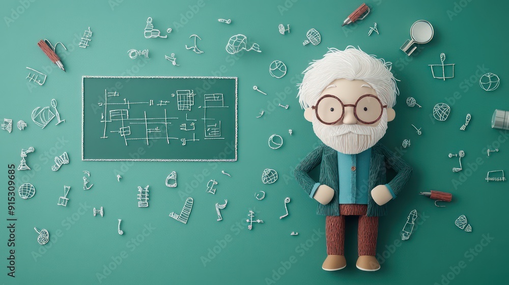 Aufkleber scholarly paper craft: university professor in papercut form with complex formulas on chalkboard, ac