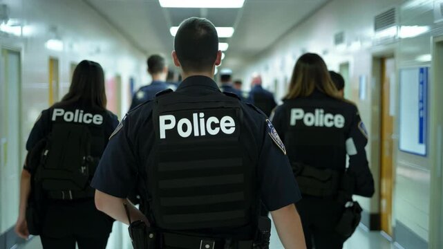 Police officers responding to school shooting, walking down hallway in emergency situation