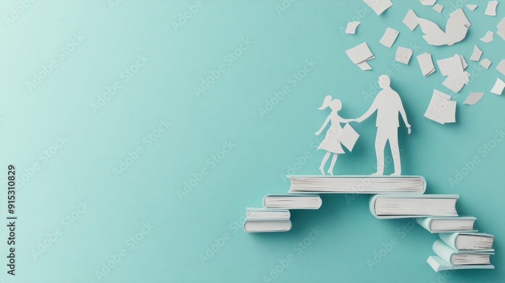 Poster guiding light: mentor figure helping student across paper book bridge - educational support papercut