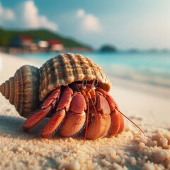 Closeup of a hermit crab on a tropical beach
